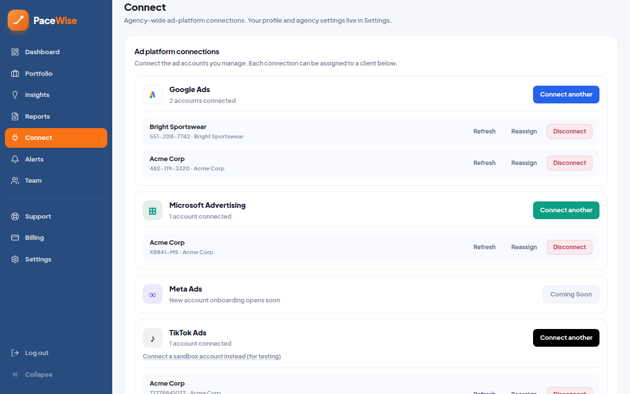 Connect page in PaceWise, a PPC budget management tool for advertisers, linking Google, Microsoft and TikTok ad accounts