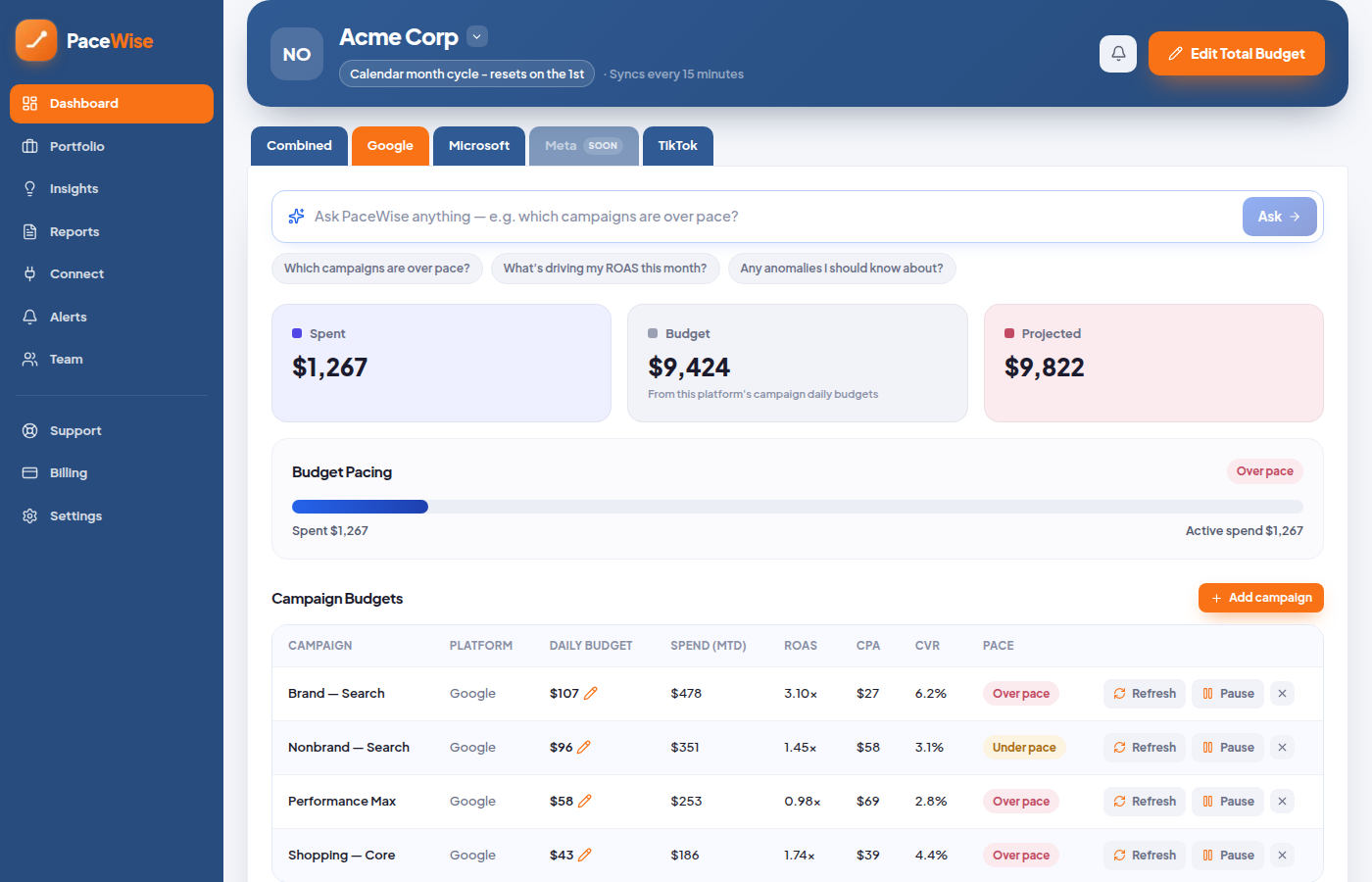 PaceWise dashboard filtered to Google Ads campaigns, showing budget pacing and ROAS, CPA and CVR per campaign