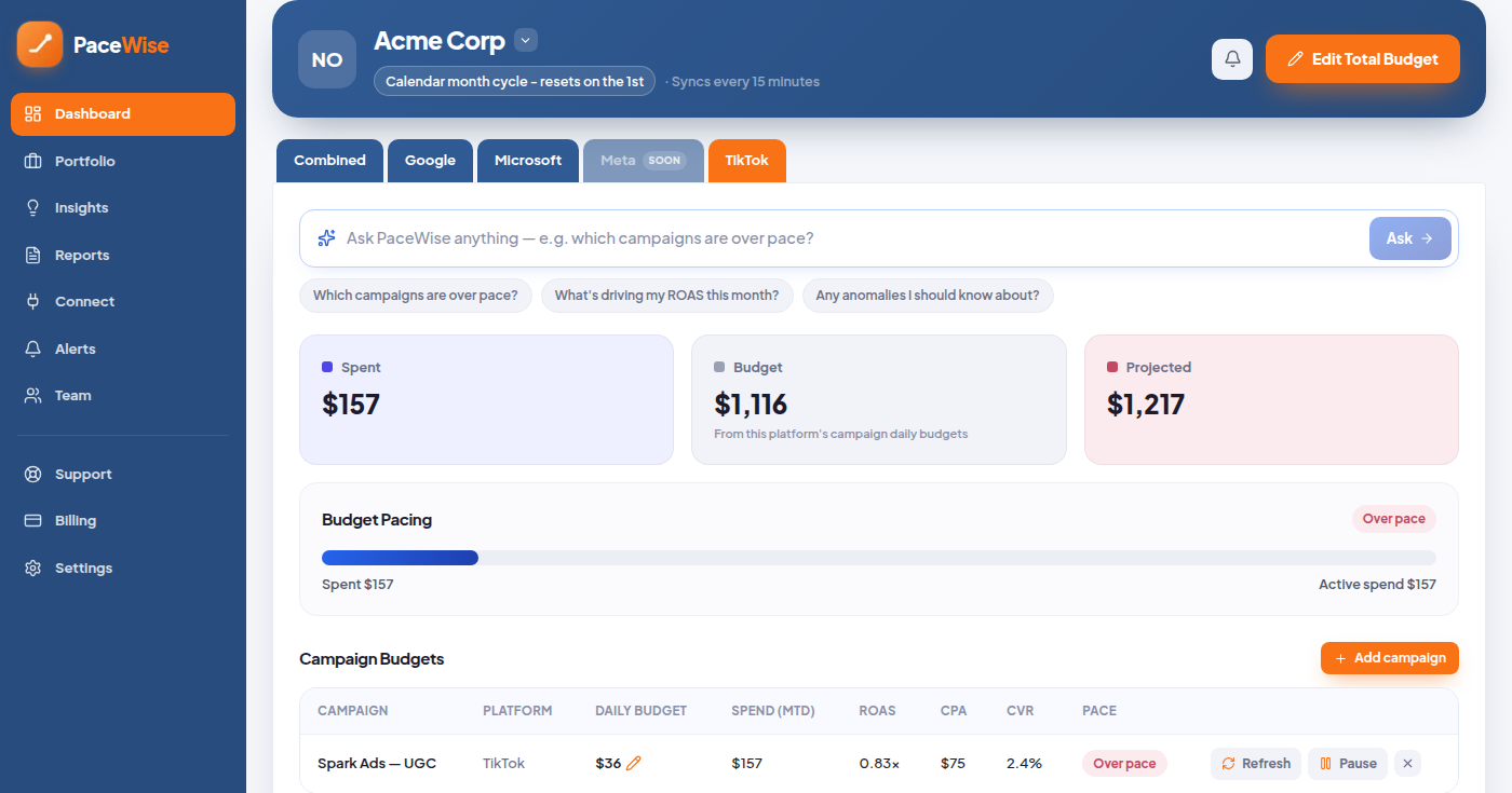 PaceWise dashboard filtered to TikTok Ads campaigns, showing budget pacing and ROAS, CPA and CVR per campaign